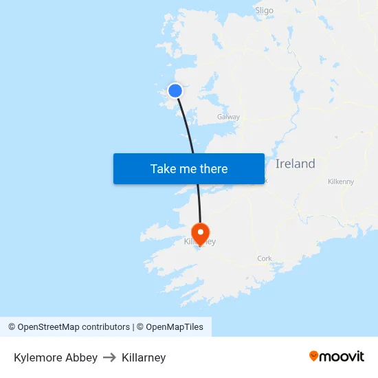 Kylemore Abbey to Killarney map