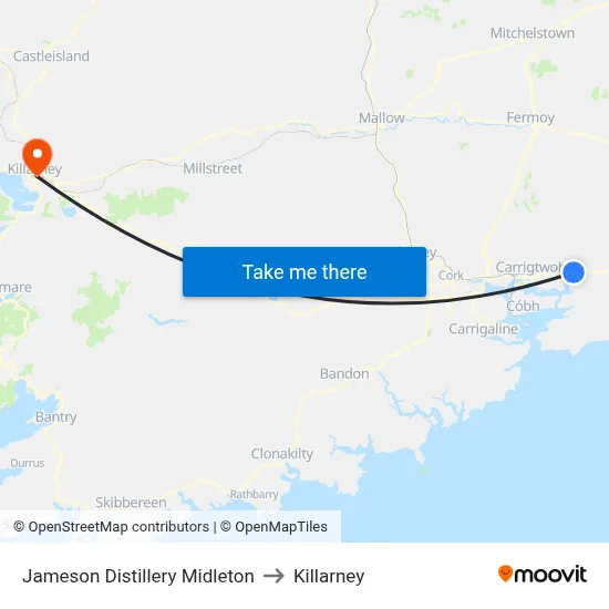 Jameson Distillery Midleton to Killarney map