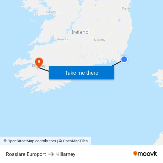 Rosslare Europort to Killarney map