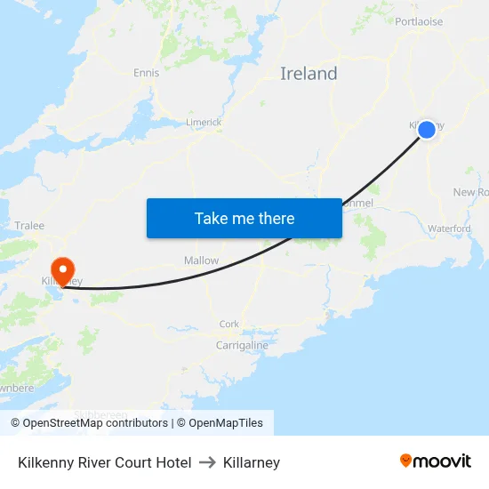 Kilkenny River Court Hotel to Killarney map