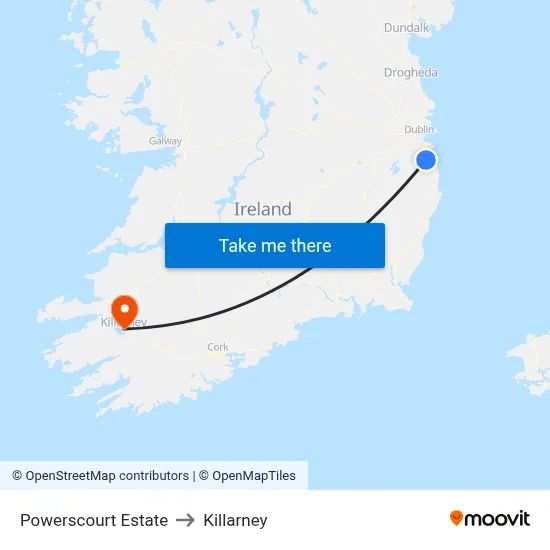 Powerscourt Estate to Killarney map
