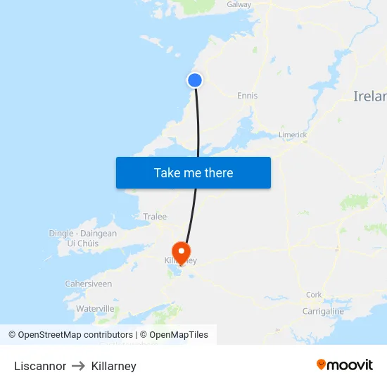 Liscannor to Killarney map