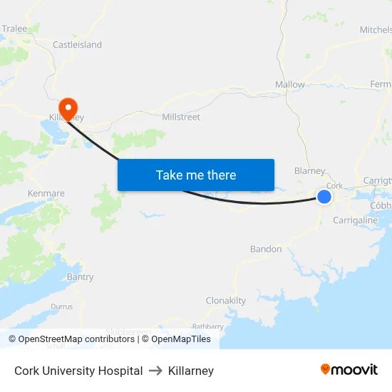 Cork University Hospital to Killarney map