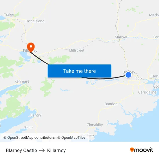 Blarney Castle to Killarney map