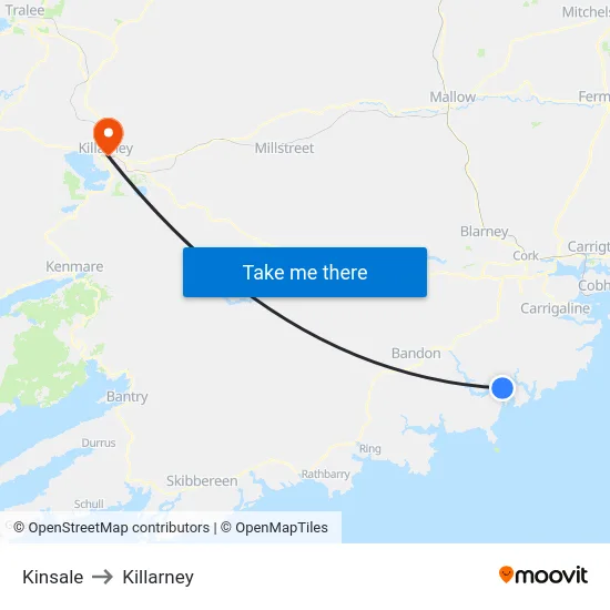 Kinsale to Killarney map