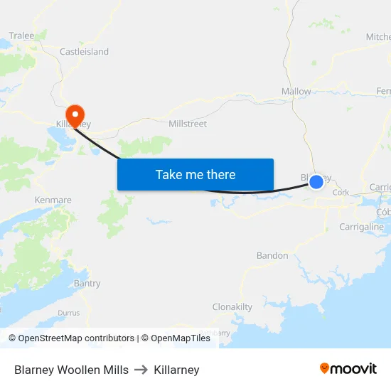 Blarney Woollen Mills to Killarney map