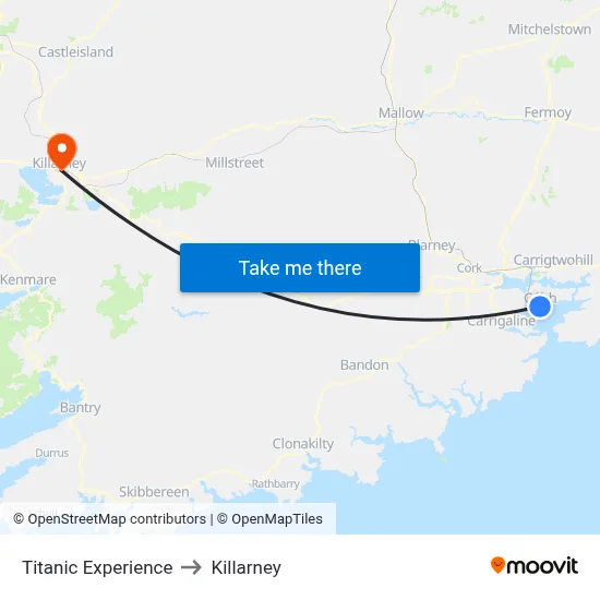 Titanic Experience to Killarney map