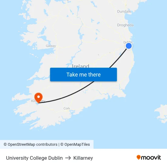 University College Dublin to Killarney map