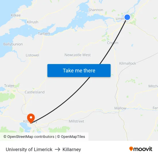 University of Limerick to Killarney map