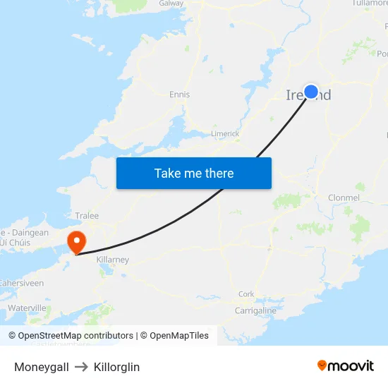 Moneygall to Killorglin map