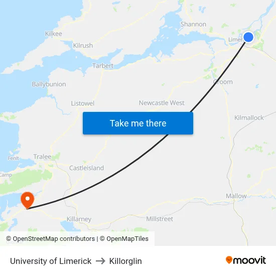 University of Limerick to Killorglin map
