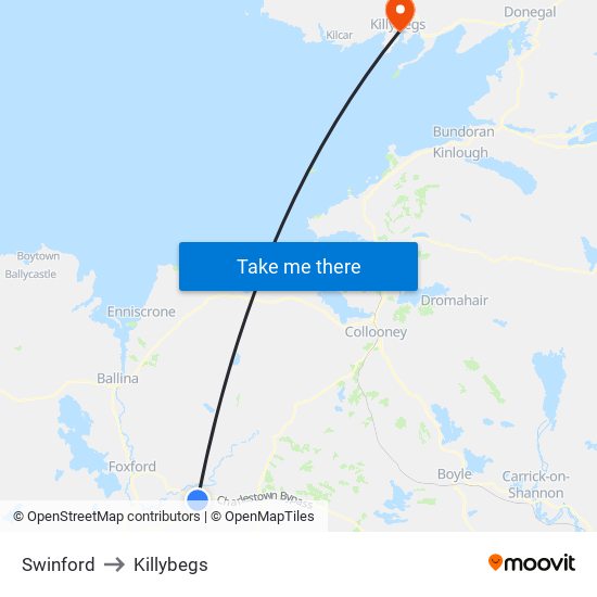 Swinford to Killybegs map