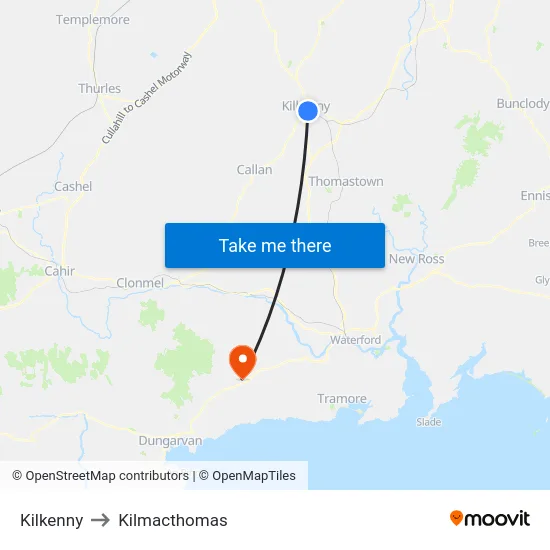 Kilkenny to Kilmacthomas map