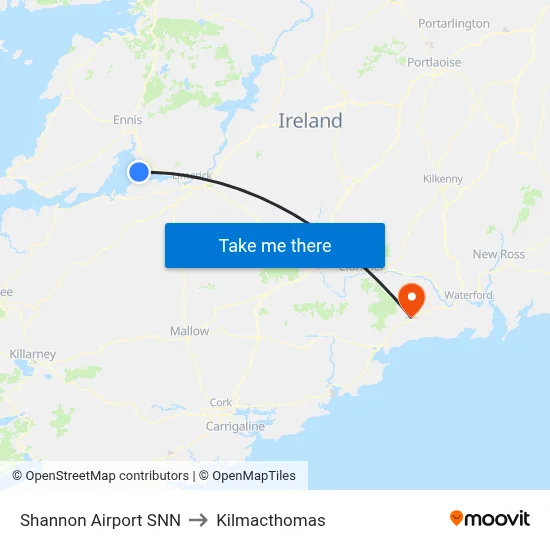 Shannon Airport SNN to Kilmacthomas map