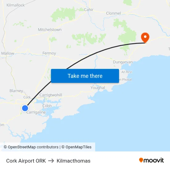 Cork Airport ORK to Kilmacthomas map