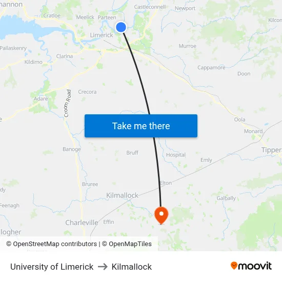 University of Limerick to Kilmallock map