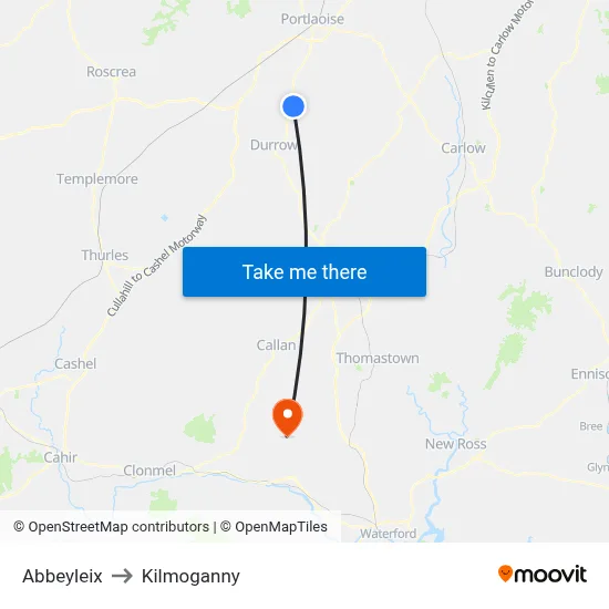 Abbeyleix to Kilmoganny map
