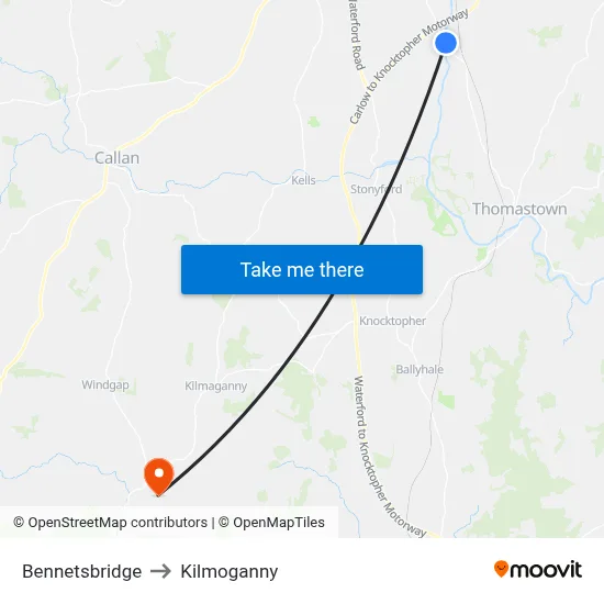 Bennetsbridge to Kilmoganny map