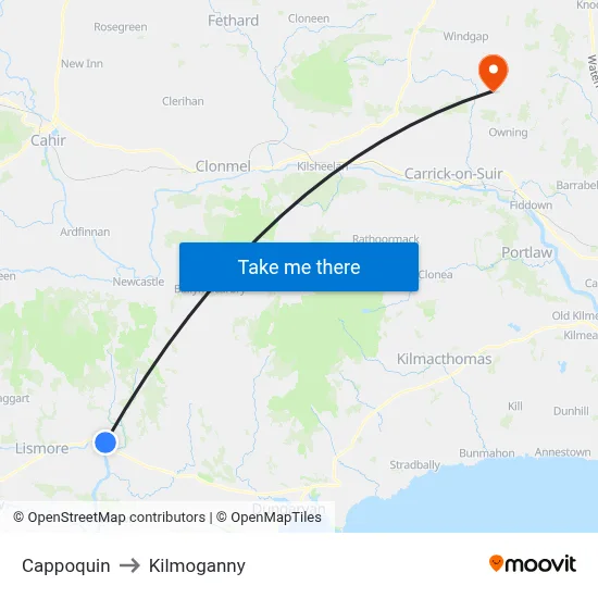 Cappoquin to Kilmoganny map