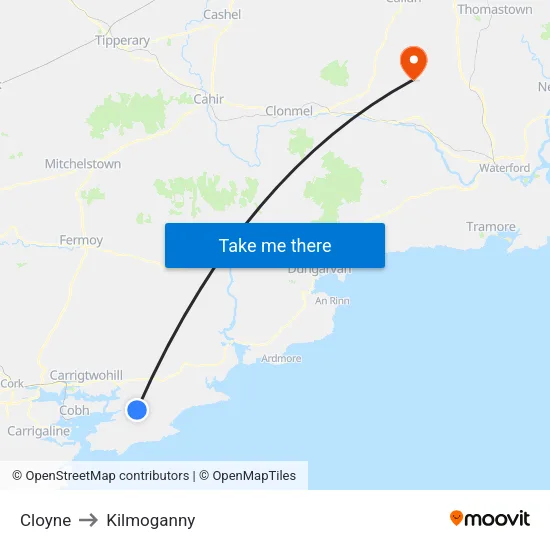 Cloyne to Kilmoganny map