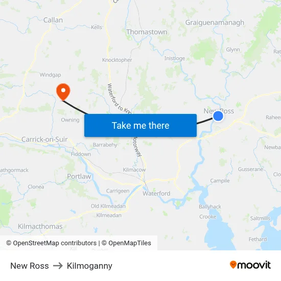 New Ross to Kilmoganny map