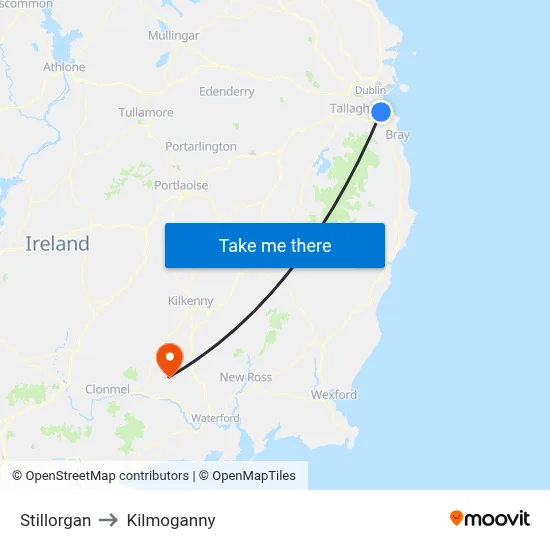 Stillorgan to Kilmoganny map