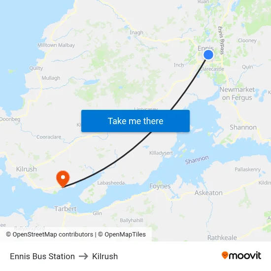 Ennis Bus Station to Kilrush map