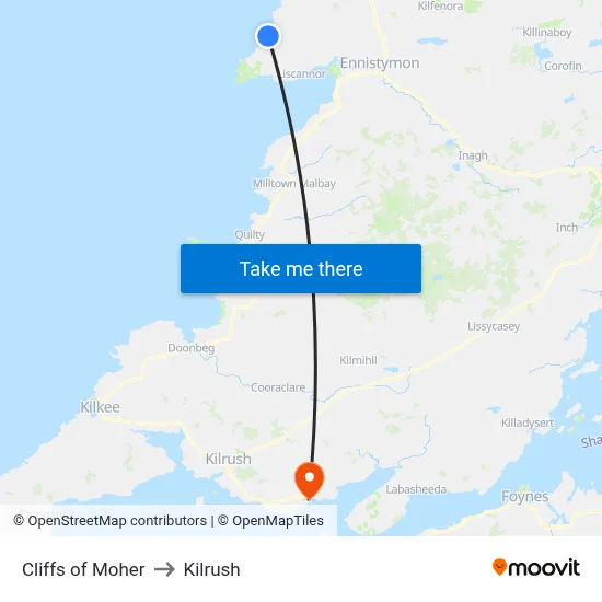 Cliffs of Moher to Kilrush map