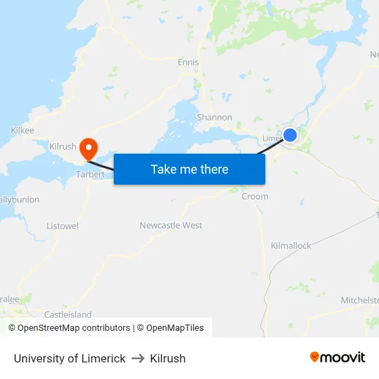 University of Limerick to Kilrush map