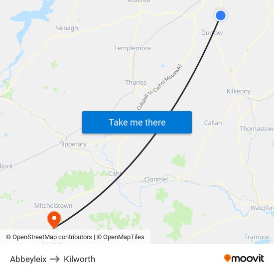 Abbeyleix to Kilworth map