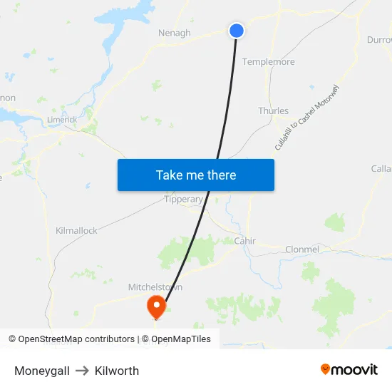 Moneygall to Kilworth map