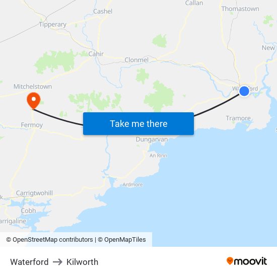 Waterford to Kilworth map