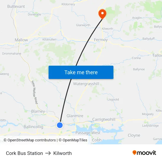 Cork Bus Station to Kilworth map