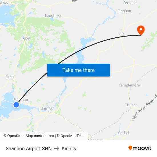 Shannon Airport SNN to Kinnity map