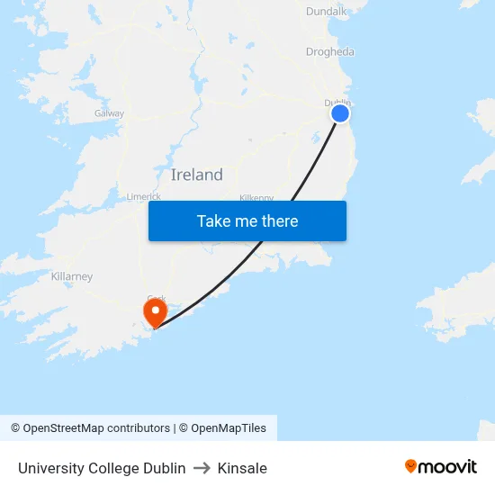 University College Dublin to Kinsale map