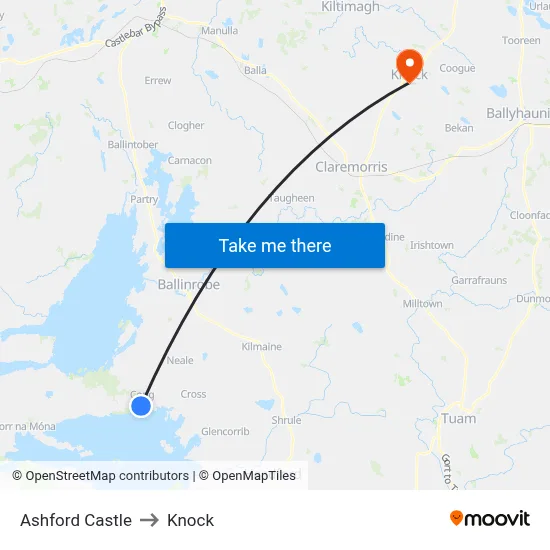 Ashford Castle to Knock map