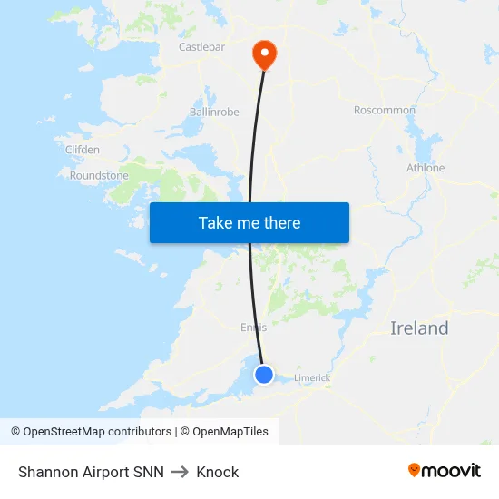 Shannon Airport SNN to Knock map