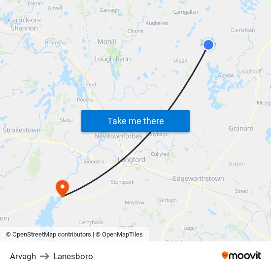 Arvagh to Lanesboro map