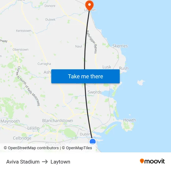 Aviva Stadium to Laytown map