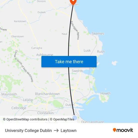 University College Dublin to Laytown map