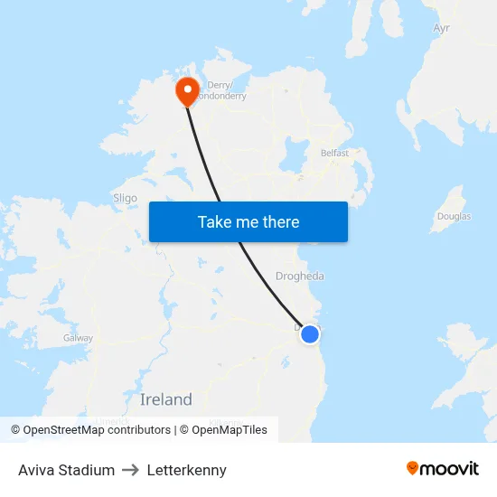 Aviva Stadium to Letterkenny map