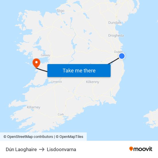 Dún Laoghaire to Lisdoonvarna map