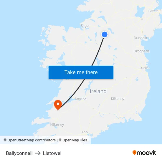 Ballyconnell to Listowel map
