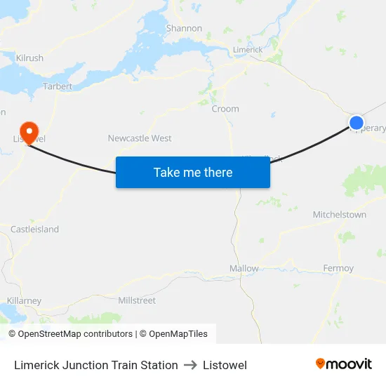 Limerick Junction Train Station to Listowel map