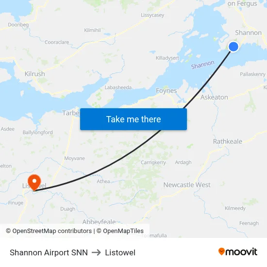 Shannon Airport SNN to Listowel map