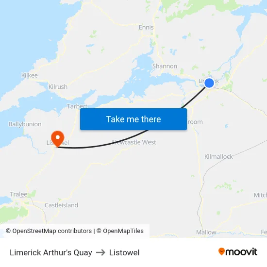 Limerick Arthur's Quay to Listowel map