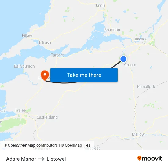 Adare Manor to Listowel map