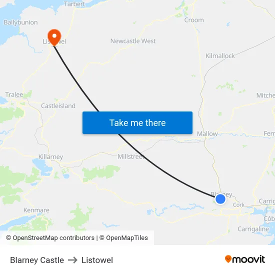 Blarney Castle to Listowel map