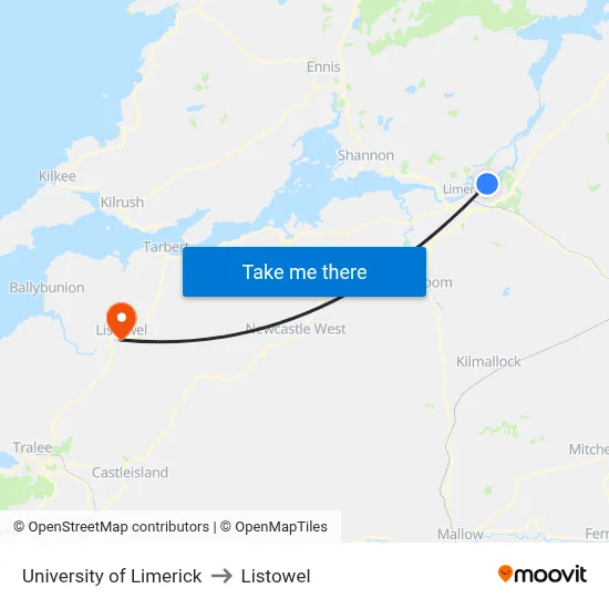 University of Limerick to Listowel map