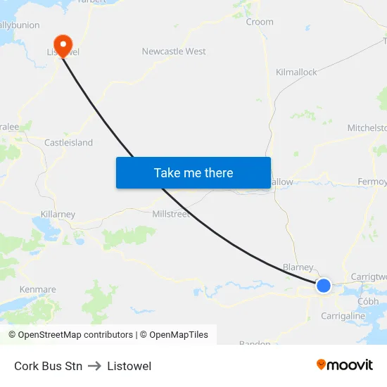 Cork Bus Stn to Listowel map